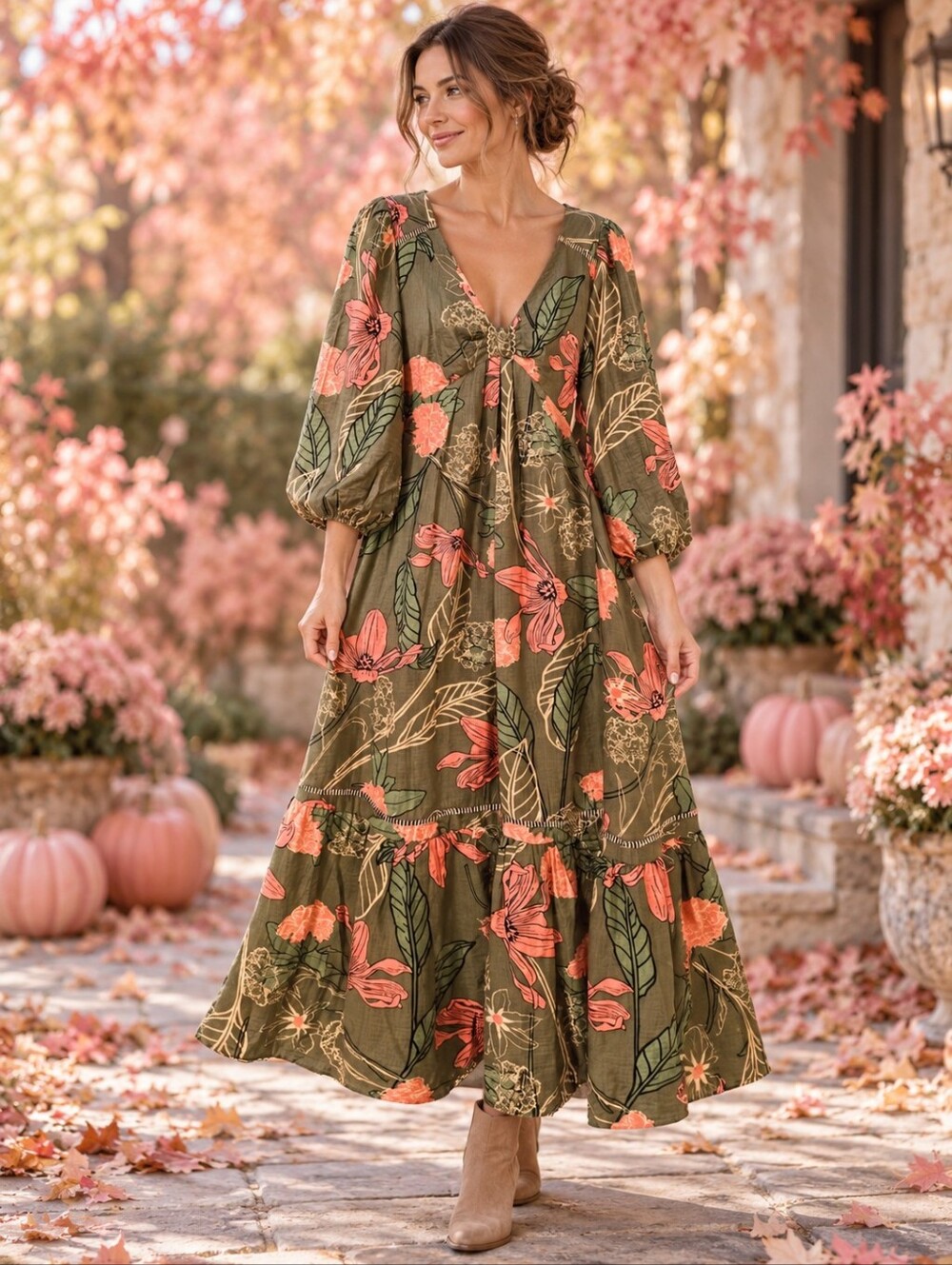 Baltic Born Olive Green Maxi Dress with Peach Floral Print
